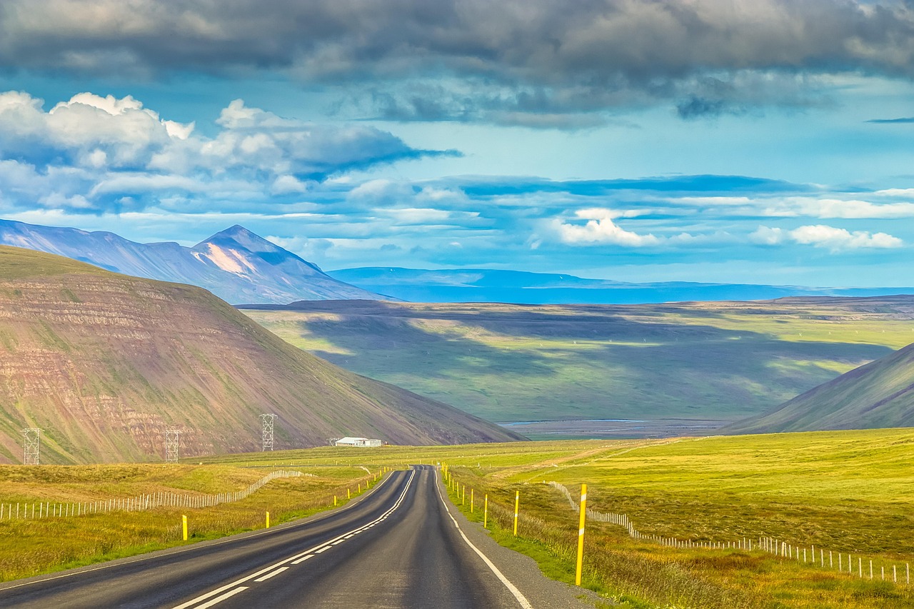 iceland, way, blue sky, landscape, road, sky, mountains, nature, clouds, water, figure, travel, the stage, blue, highway, village, panorama, mountain, tour, tourism, adventure, purpose, look, purpose, purpose, purpose, purpose, purpose